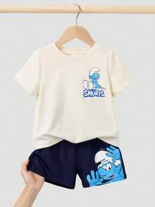SHEIN X The Smurfs 男童卡通印花T恤和短裤套装 - 杏色 - 查看 3