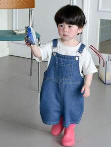 DAZY Quần yếm denim dáng rộng, chất liệu denim mài, dành cho bé trai. - Màu xanh lam - Xem 5