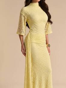 SHEIN BAE Đầm nữ màu vàng tay ngắn cổ cao khoét eo buộc dây bên hông, đầm vàng, đầm thanh lịch, đầm đi nghỉ mát, đầm phù dâu, đầm dự tiệc sinh nhật, đầm đi học/tốt nghiệp. - Màu vàng - Xem 3