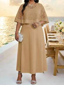 Fleurora Plus Size Brown Summer Country Elegant Wedding Guest 2-Piece Set,Round Neck Sheer Top And Sleeveless Dress Outfit For Women,Formal Special Occasions - Khaki - View 5