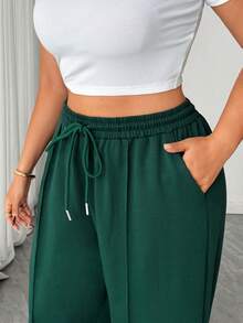 Elenzga Plus Size Women Elegant Casual Loose Solid Green Wide Leg Pants With Tie - Dark Green - View 7