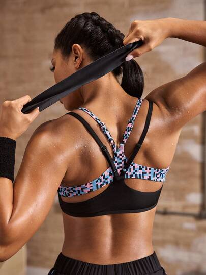 Powerista Women's Patchwork Geometric Print 2 In 1 Casual Fitness Sports Bra