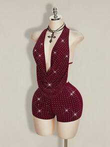 SHEIN ICON Bộ jumpsuit nữ màu đỏ tía, cổ khoét sâu, lưng đính đá lấp lánh. - Màu Đỏ Sâu - Xem 3