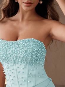 Savoree Elegant Beaded Decor Bandeau Bodycon Cropped Top - Baby Blue - View 8
