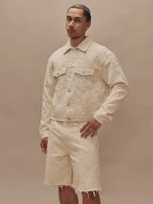 Musero Áo khoác denim dáng rộng tay dài, vai rớt, hơi ngắn, họa tiết dây thừng 3D phủ khắp thân áo, cài cúc phía trước, hai túi nắp gập, thích hợp cho mùa xuân hè và các dịp lễ hội. - Màu be - Xem 5
