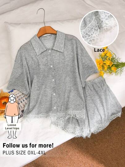 CosyJoli Bộ quần short cỡ lớn, trang phục công sở thường ngày cho nữ, bộ 2 mảnh phối ren, bộ đồ nữ thanh lịch và dễ thương, quần áo mùa hè cỡ lớn cho nữ.