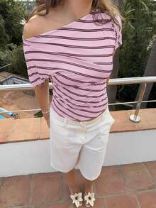 Siren Gaze Women's Striped Asymmetrical Shoulder Ruffle Short Sleeve Fashion T-Shirt - Pink - View 6