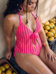 Swim Mod 2pcs Plus Size Women Textured Halter Neck Front Tie Triangle Bikini Swimwear - Multicolor - View 3
