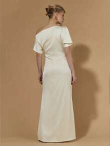 COSMINA Vestido longo feminino elegante com ombros assimétricos, versátil para o trabalho, escritório, passeios, encontros, jardim, praia e viagens de verão. - Damasco - Ver 2