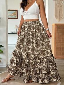 Vionelle Plus Size Women's Spring/Summer Floral Print Ruffle Hem Skirt - Brown - View 4