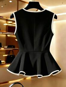 Qadelle Women's White With Black V-Neck Asymmetric Single-Breasted Ruffle Hem Fashionable Casual Sleeveless Blouse, Chic And Slimming, Spring/Summer - Black - View 2