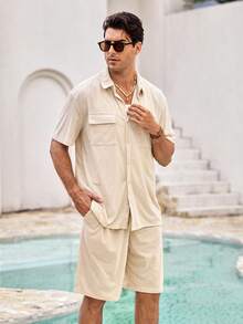 New Summer Men's Solid Color Multi-Pocket Button Shirt + Drawstring Shorts Set, Vacation Casual Sports Daily Basic Outfit, 2 Pieces Set, Cozy Outfits - Beige - View 6