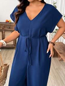 Weeklong Plus Size Women Solid Color Casual Loose V-Neck Jumpsuit Fall - Navy Blue - View 7