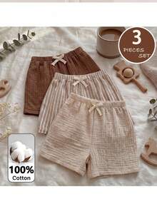 SHEIN 3pcs Baby Boy Elastic Waist Pants With Decorative Ribbon,Comfortable&Versatile Set Toddler Cotton Shorts Babyboy Short Summer Plain - Khaki - View 4