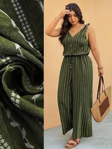 Elaquor Mono de pierna ancha a rayas marrón de talla grande con bolsillos - Verde - Ver 8