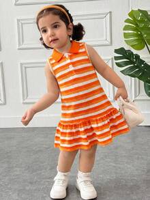 SHEIN Đầm mùa hè dáng rộng kẻ sọc xếp nếp không tay cho bé gái - trái cam - Xem 5