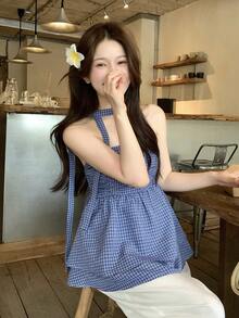 Áo ống kẻ caro nữ, áo hai dây phong cách Hàn Quốc thường ngày thanh lịch. - Màu xanh lam - Xem 6
