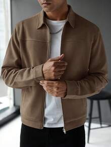 Manfinity Homme Men's Solid Color Raglan Sleeve Zip-Up Casual Minimalist Design Jacket Men Zip Up Jacket Men Jackets Casual Cropped Men Jacket Men Summer Jacket - Coffee Brown - View 3