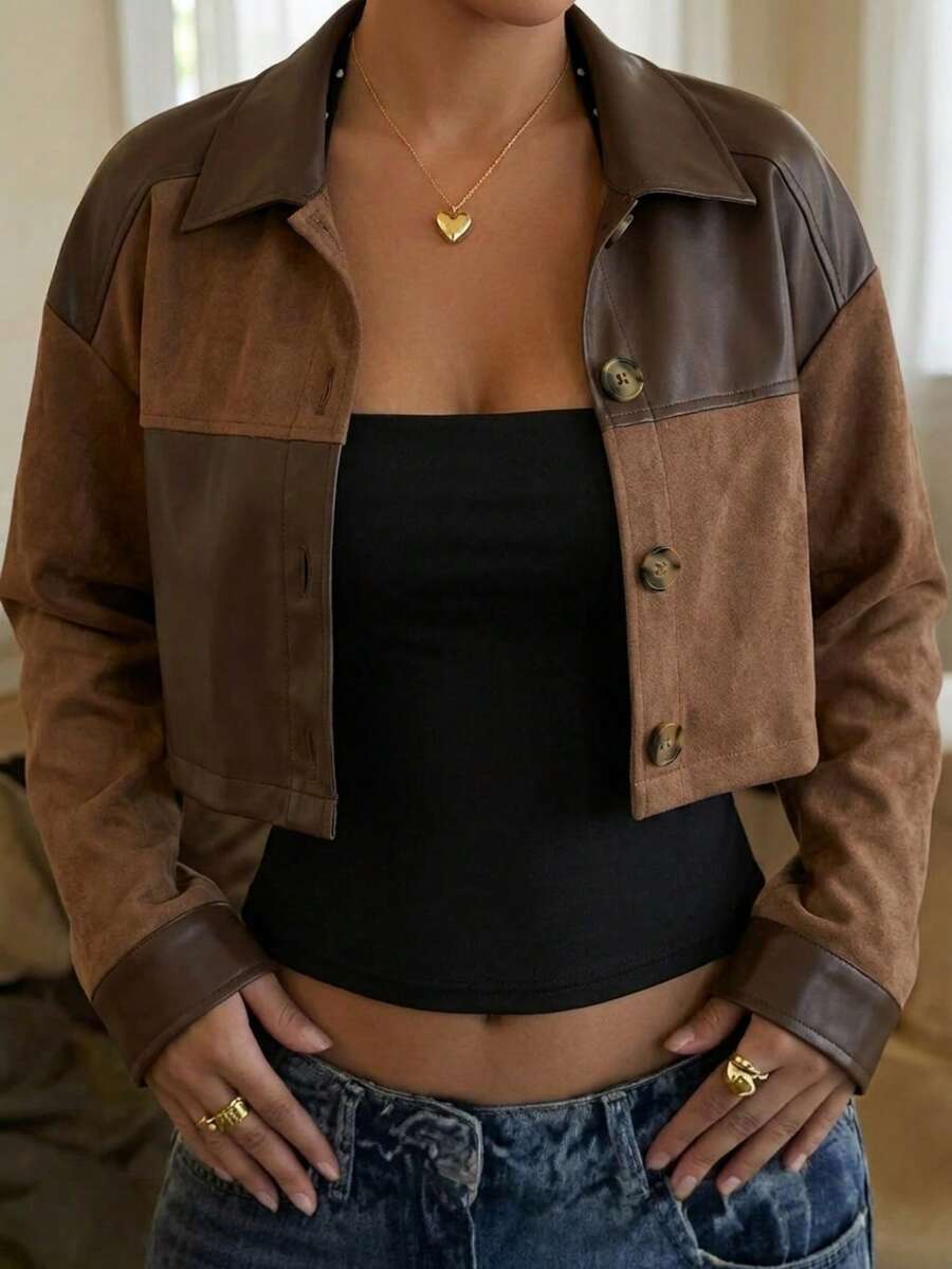 SHEIN SXY 秋冬季落肩撞色PU皮夹克 - 彩色 - 查看 1