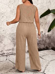 Breezaya Mono de talla grande de unicolor con cuello redondo, espalda descubierta, sin mangas, cintura elástica y botones - Caqui - Ver 2
