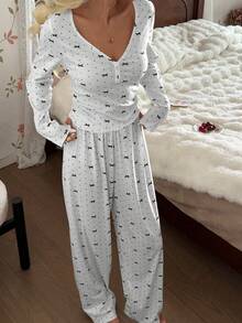 CottageSlumber Women's Casual Bow Dot Print V-Neck Fitted Long Sleeve Pajama Set - Light Grey - View 1
