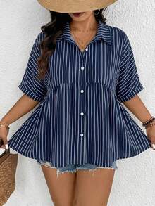 SHEIN Frenchy Plus Size Women Casual Striped Print Shirt, Suitable For Summer - Multicolor - View 5