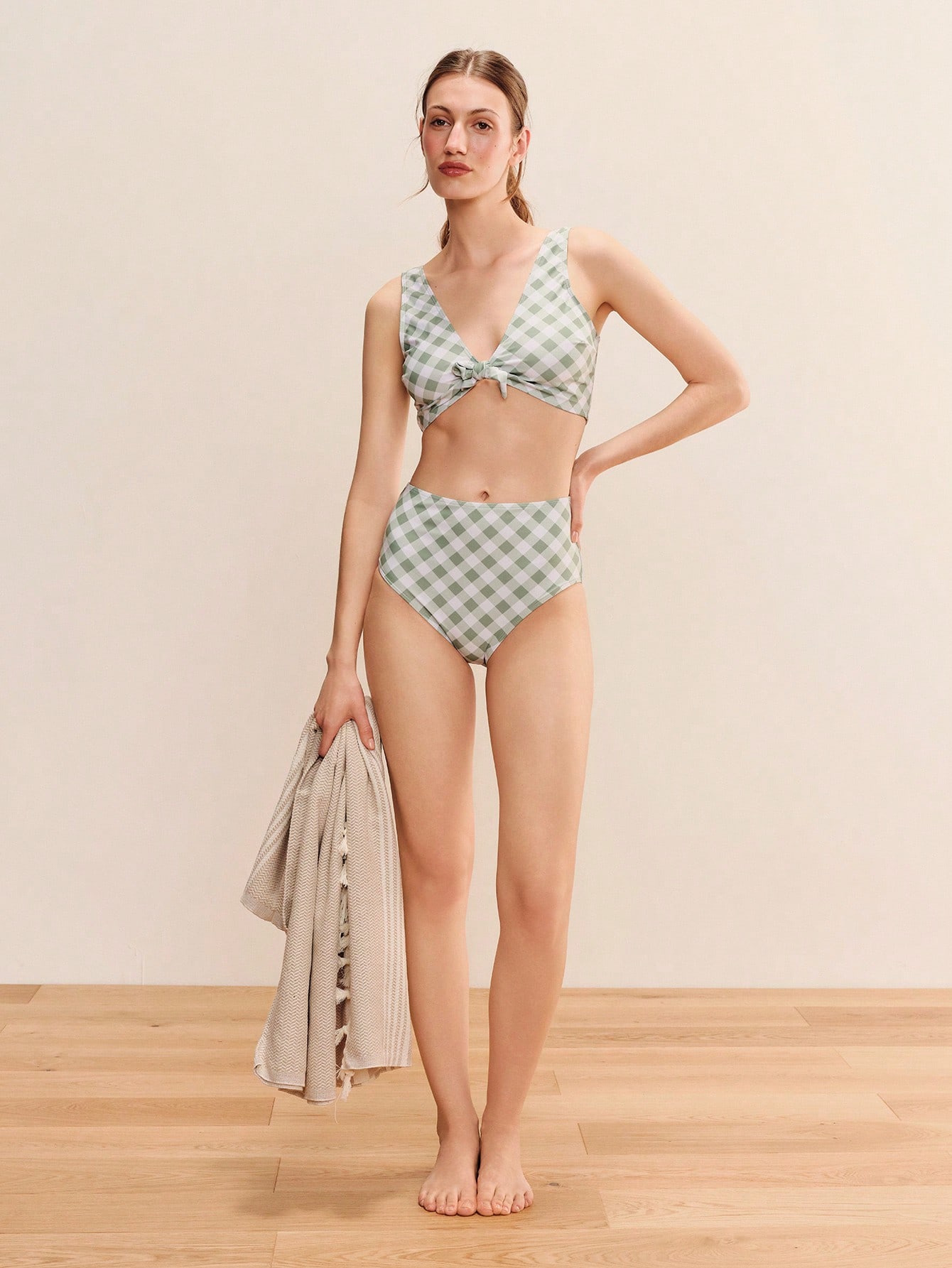 Sage Green Checkered Print Bikini Set With A Front Tie And High Waisted Bottoms Cute French Summer 2 Pieces Swimwear Vintage Beachwear