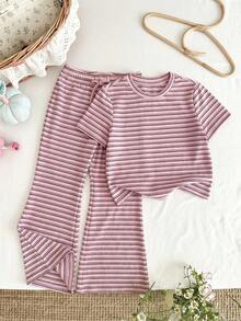 LMoss Kids Young Girl Casual Vacation & Commute Contrast Stripe & Floral Print Short Sleeve T-Shirt And Flare Pants Set, Spring/Summer/Autumn - Pink - View 4