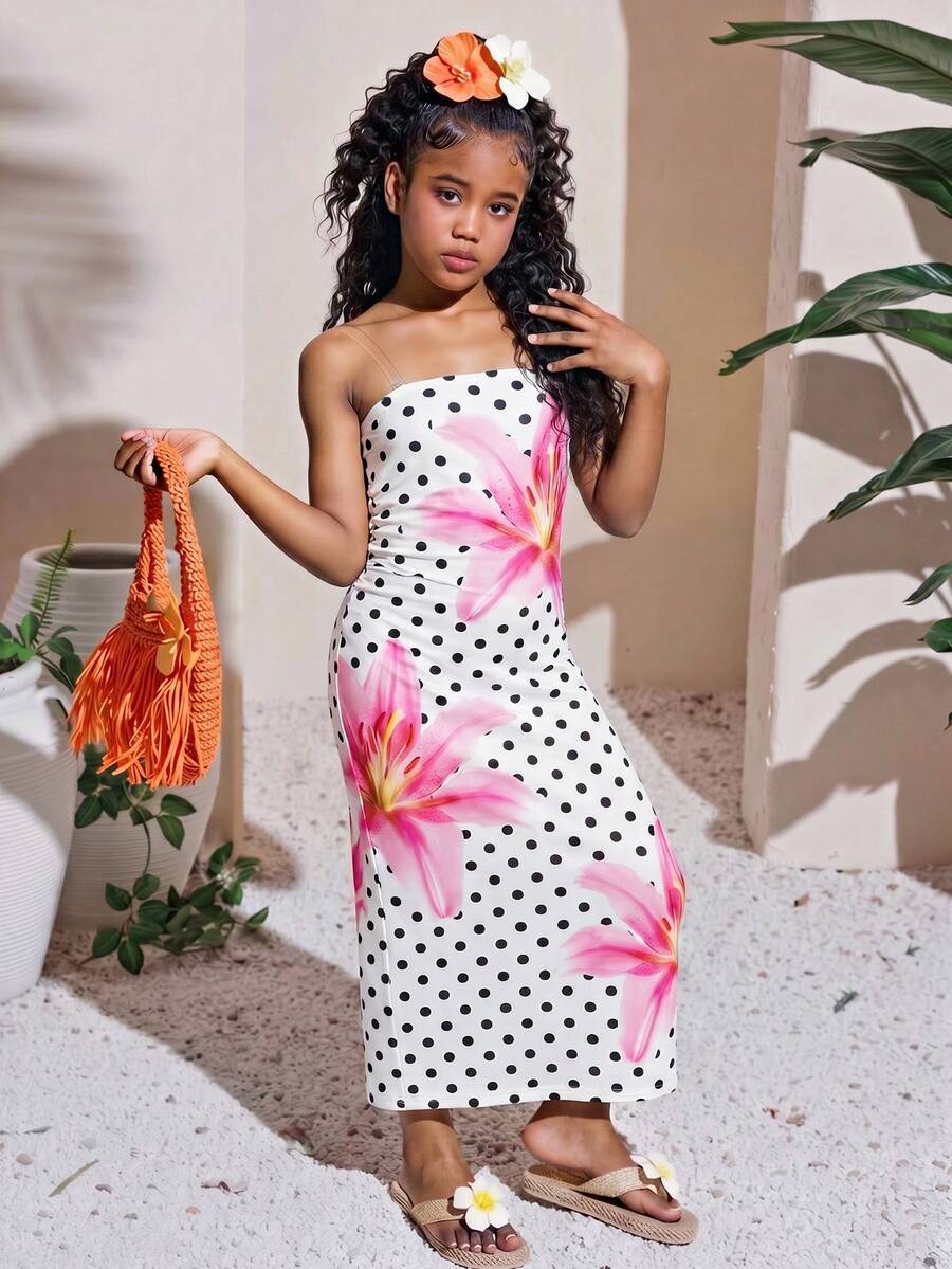 SHEIN 少女波点碎花荷叶边休闲度假旅行透明吊带连衣裙 波点连衣裙 沙滩裙 少女波点碎花无肩带长裙 无袖少女连衣裙