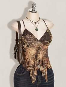 SHEIN ICON Plus Size Women Paisley Print Blue-Green Ruffle Trim Blouse - Brown - View 6