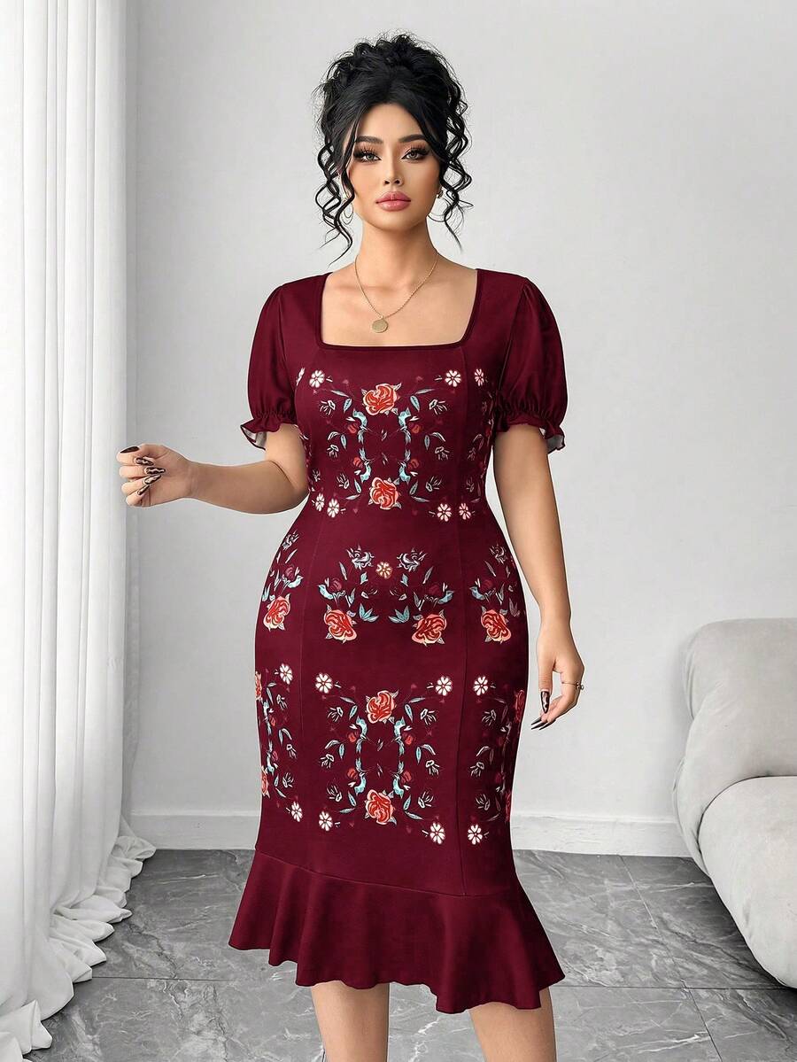 Elenzga Große Größen Kleid mit quadratischem Ausschnitt, französischer Stil mit Blume Muster und Rüschensaum - Bordeaux - Übersicht 1