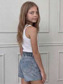 Dazy Kids Quần short denim cạp lệch, túi, gấu rách dành cho bé gái tuổi teen. - Rửa nhẹ - Xem 2