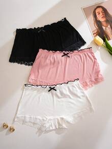 SHEIN Set de 3 bragas tipo short casual con parches de encaje y costillas - Multicolor - Ver 3