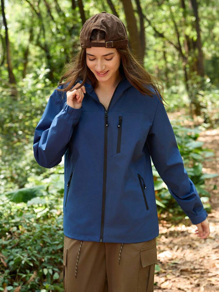 SHEIN In My Nature Women's Botanical Print Long Sleeve Hooded Casual Jacket - Blue - View 1