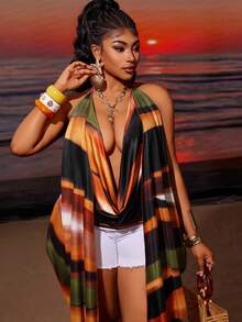 Plus Size Vintage Unique Print Plunging Neckline Camisole - Multicolor - View 6
