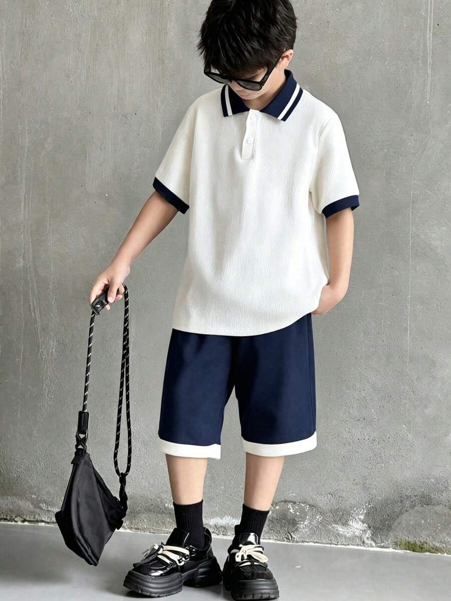 SHEIN Mirajuku 男童夏季休闲运动日常通勤撞色短袖Polo衫和短裤套装 - 藏蓝色 - 查看 1