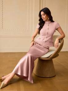 ZEYLAH 2pcs/Set Satin Front Button Elegant Top And Fish Tail Hem Skirt - Pink - View 6