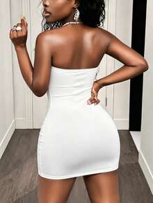 BamGleam Women's Solid Color Keyhole Design Fitted Tube Dress - White - View 2
