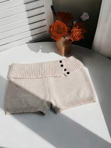 Comfortcana Women's Low-Rise Knit Shorts With Button Details And Rolled-Up Cuffs, Suitable For Spring And Summer. Short Pants - Apricot - View 3