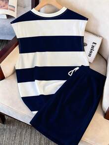 Manfinity Joysei Men's Color Block Letter Print Crew Neck Top And Shorts Casual Daily Suit, Holiday - Navy Blue - View 3