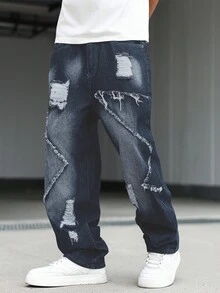 Manfinity EMRG 男士口袋做旧直筒宽松休闲牛仔裤 - 藍色 - 查看 4