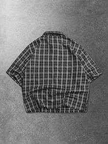 ROMWE MEN Men's Sparkling Rhinestone Cross Plaid Print Short Sleeve Shirt - Black - View 8