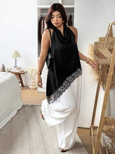 Vionelle Blusa asimétrica de encaje y parche para mujer de talla grande, elegante camisa de verano