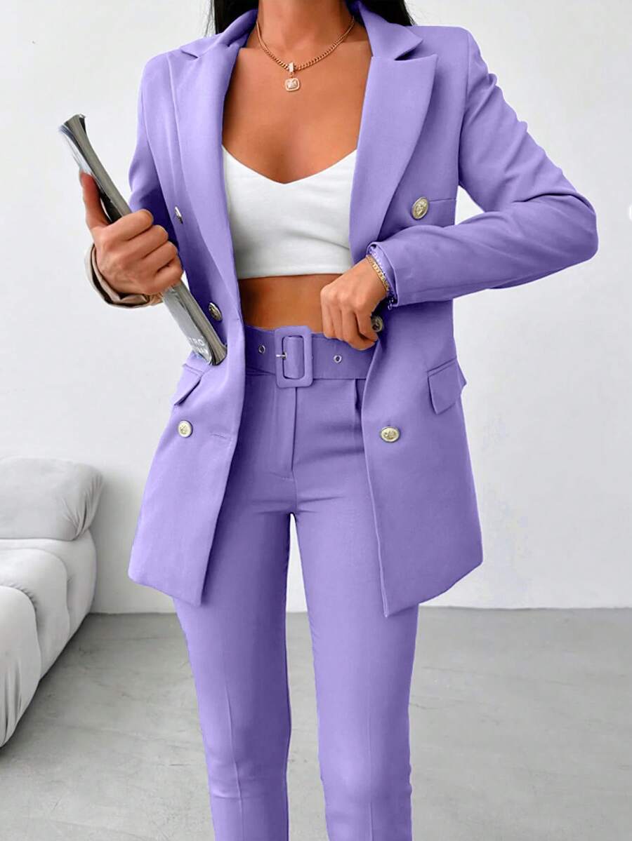 EURMUSE Double Breasted Blazer & Belted Pants - Mauve Purple - View 1