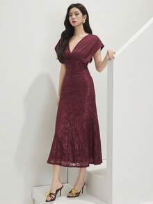 Heiryn Đầm ren phối ren cổ chữ V thanh lịch dành cho nữ - Màu Đỏ Sâu - Xem 5