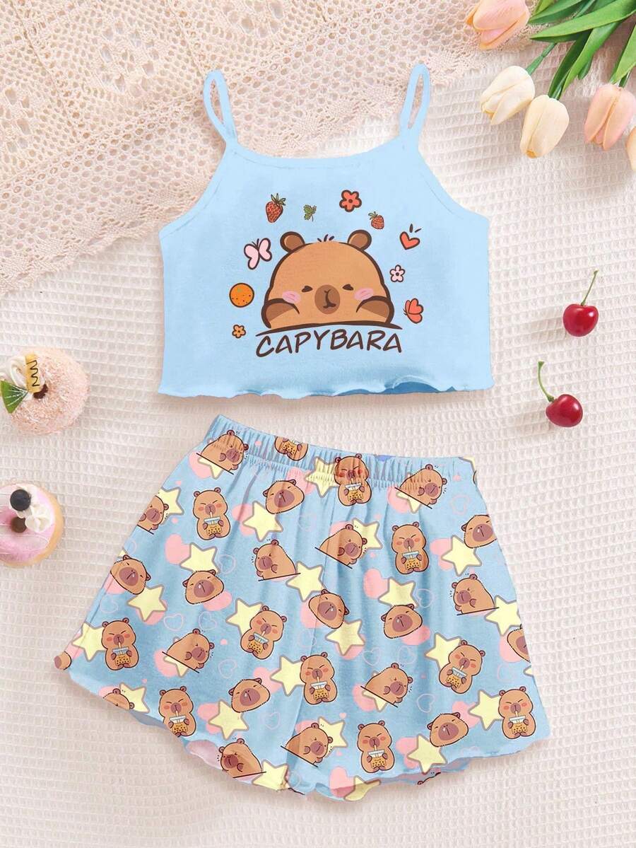 Cute Cartoon Capybara Pattern,Cream Blue,Tween Girl Casual Minimalist Fitted Camisole Top And Shorts Loungewear Set,Suitable For Summer,Chill - Multicolor - View 1