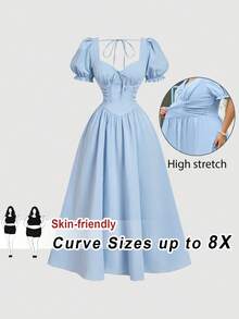 SHEIN CURVE+ 女士优雅短袖中长连衣裙，扭结心形领口，春夏连衣裙，适合婚礼、婚礼、优雅连衣裙、下午茶派对、田园风连衣裙、假日、生日、节日、下午茶派对、泡泡袖连衣裙、复古风、沙滩连衣裙、蓝色连衣裙、迷人风、野餐、派对、舞会、节日和生日穿着、长款派对连衣裙、毕业礼服、优雅仪式礼服、野餐连衣裙、夏季连衣裙 - 藍色 - 查看 1