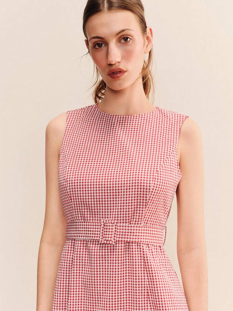 Red Gingham Sleeveless Mini Dress With Self Fabric Belt Cute Vintage Spring Summer French Style Vintage Dress Work Dress Office Dress Holiday Dress