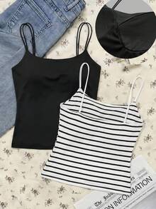 Attitoon Bộ 2 áo tank top nữ màu đen trắng tối giản, có đệm ngực, thích hợp cho mùa hè. - Nhiều màu - Xem 1