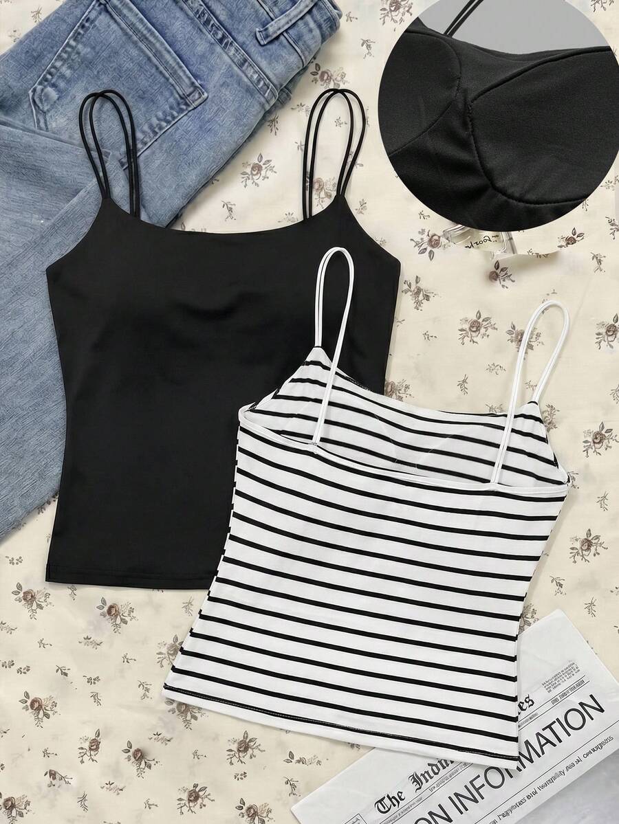 Attitoon Bộ 2 áo tank top nữ màu đen trắng tối giản, có đệm ngực, thích hợp cho mùa hè. - Nhiều màu - Xem 1